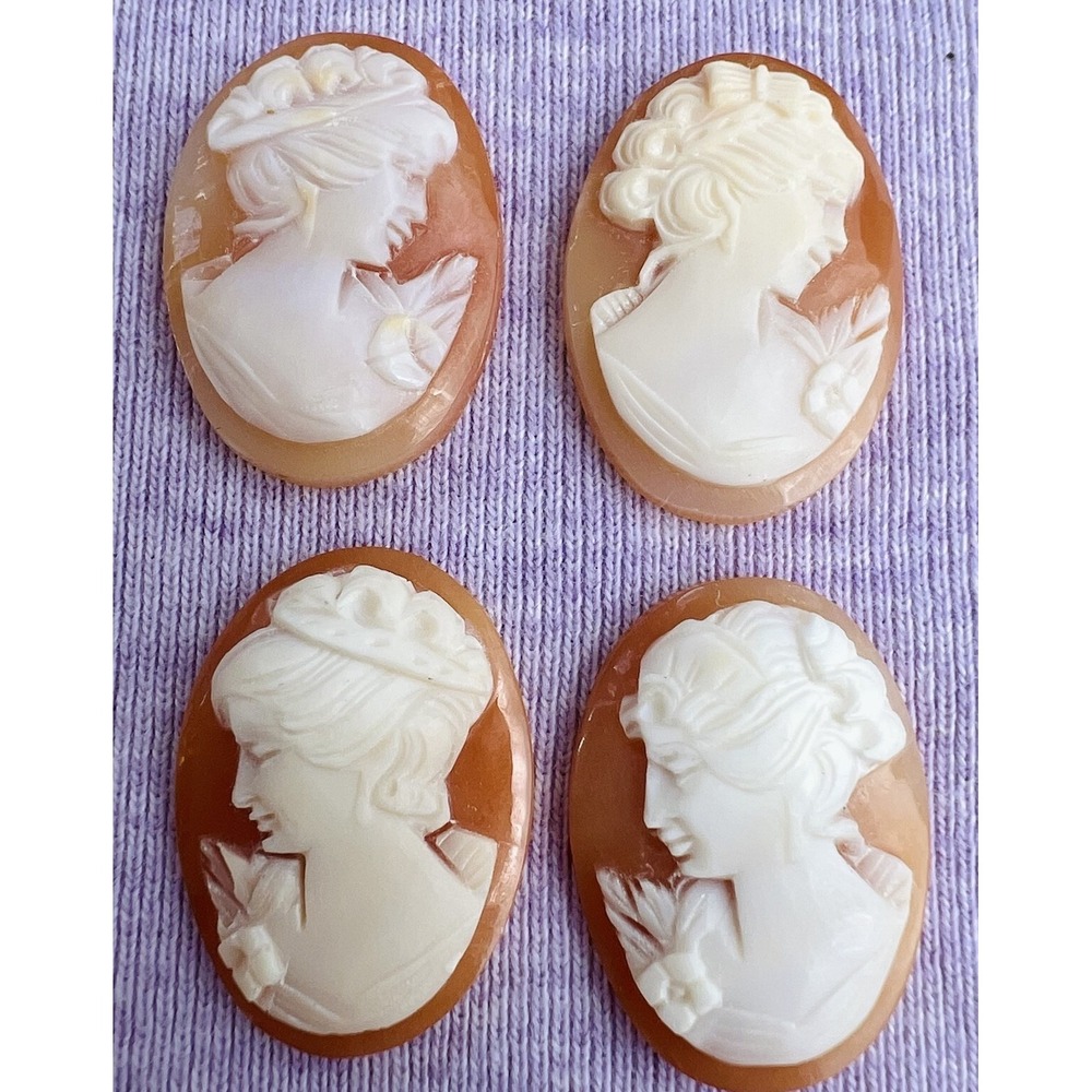 Vtg Hand Carved Shell Cameos (4) Loose Oval Lady Portrait Right Facing 2, Left 2
